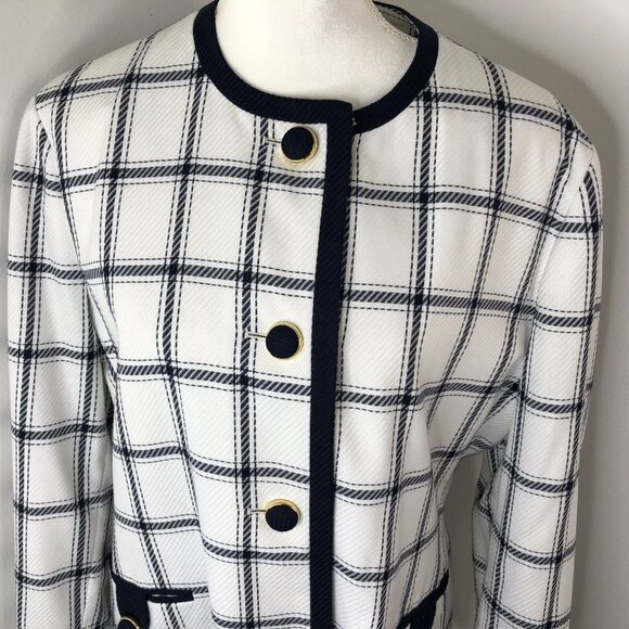 Executive Collection Womens Blazer Jacket Sz 14 White Blue Stripes Front Pockets - Picture 1 of 12